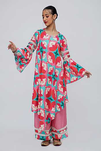 Women Red Floral Print Kurta With Harem Pant
