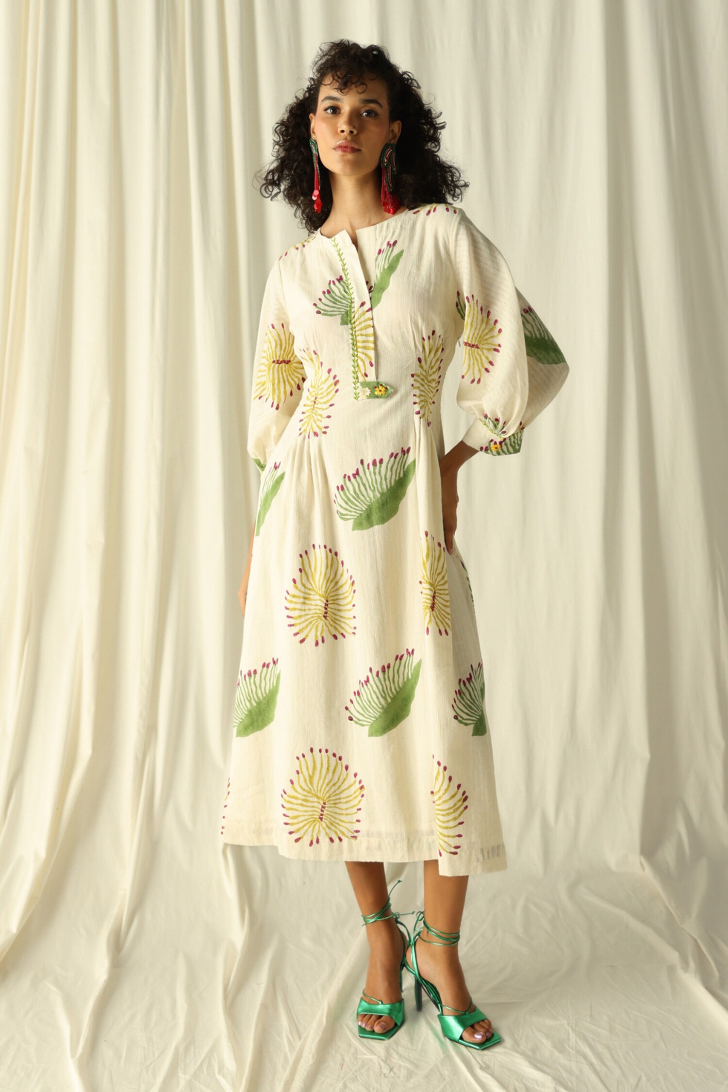 Buy Off White Self Stripe Handloom Print Malana Handwoven Midi Dress ...
