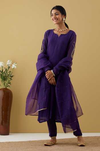 Babyhug Chanderi Woven Full Sleeves Kurta Pajama Set With Floral Embriodery - Purple