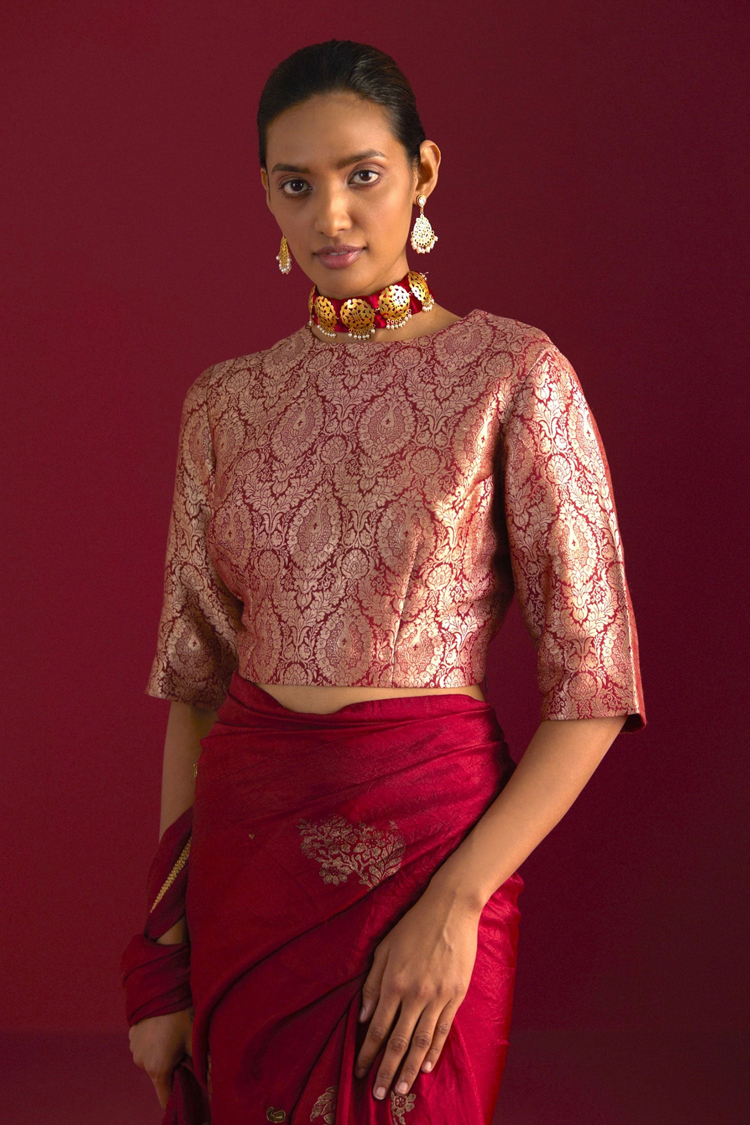 Buy Red Brocade Floral Zero Neck Pattern Blouse For Women by Shorshe  Clothing Online at Aza Fashions.