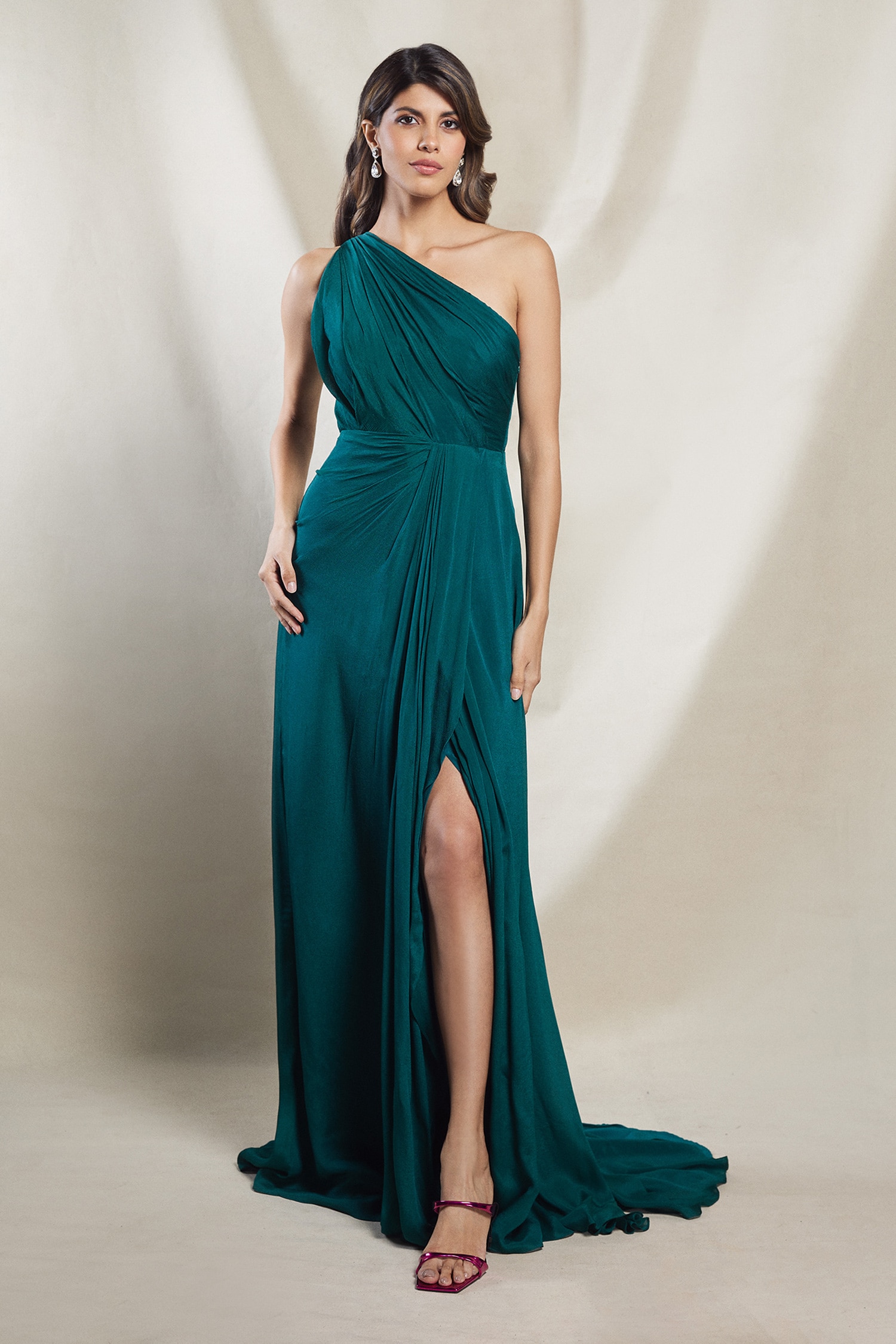 Buy Green Chinon Plain One Shoulder Neck Luna Draped Gown For Women by 