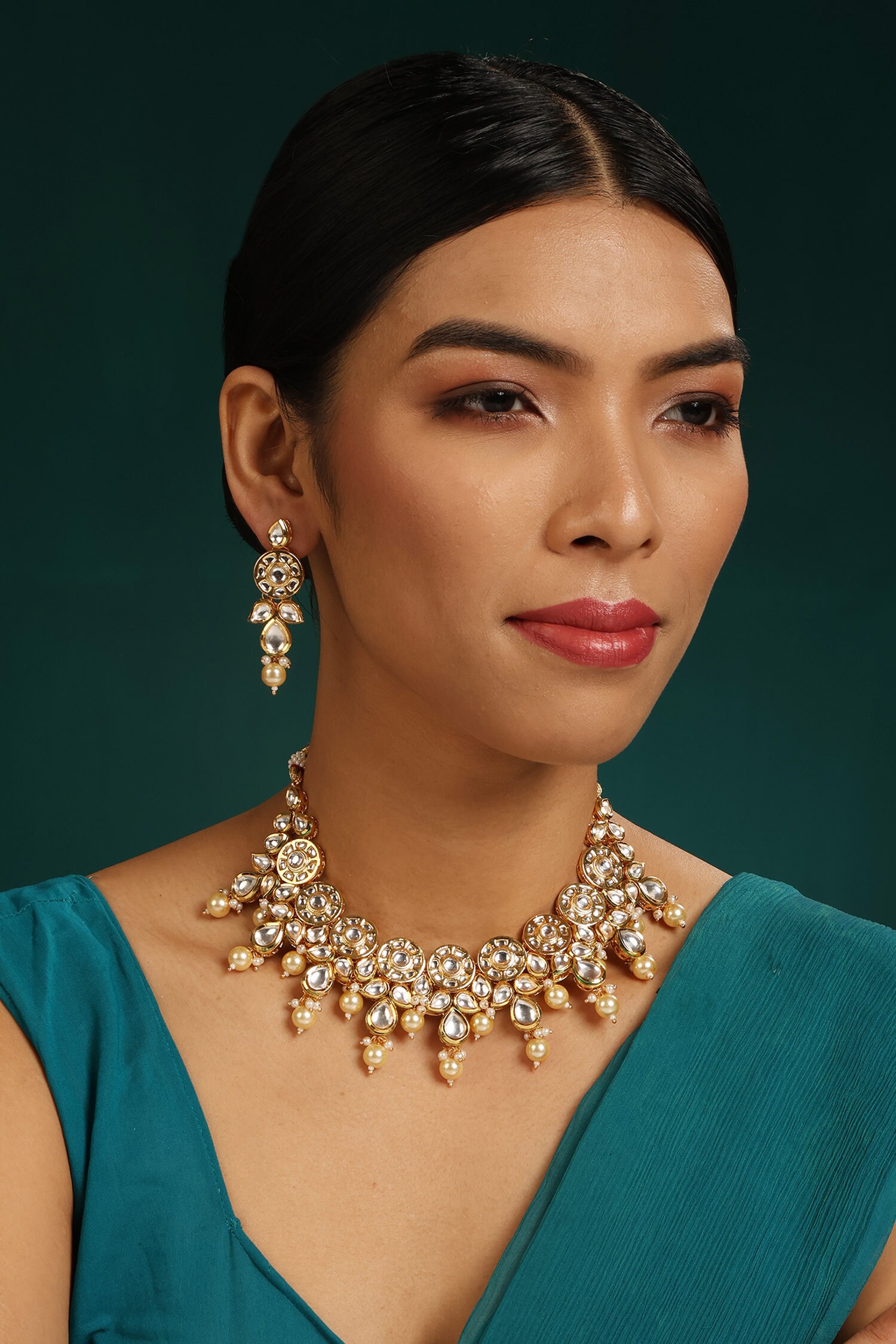 Buy Gold Plated Kundan Pearl And Embellished Necklace Set by Minaki