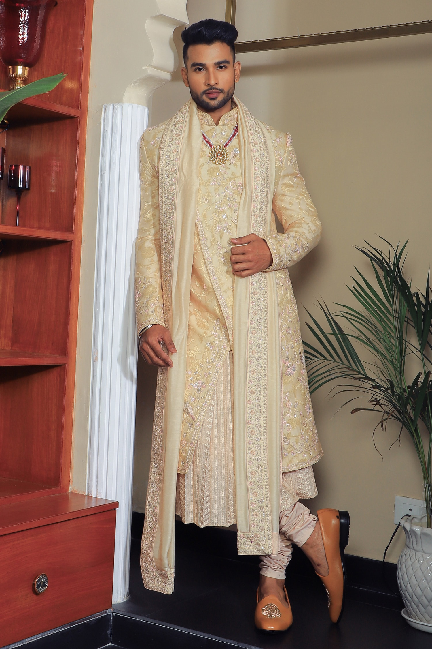 Buy Ivory Silk Embroidery Thread Sequin Sherwani Set For Men by YAJY by