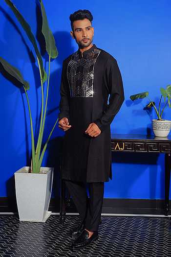 Embroidered Placket Buy Black Silk Embroidered Placket Kurta And Trouser Set For Men by ...