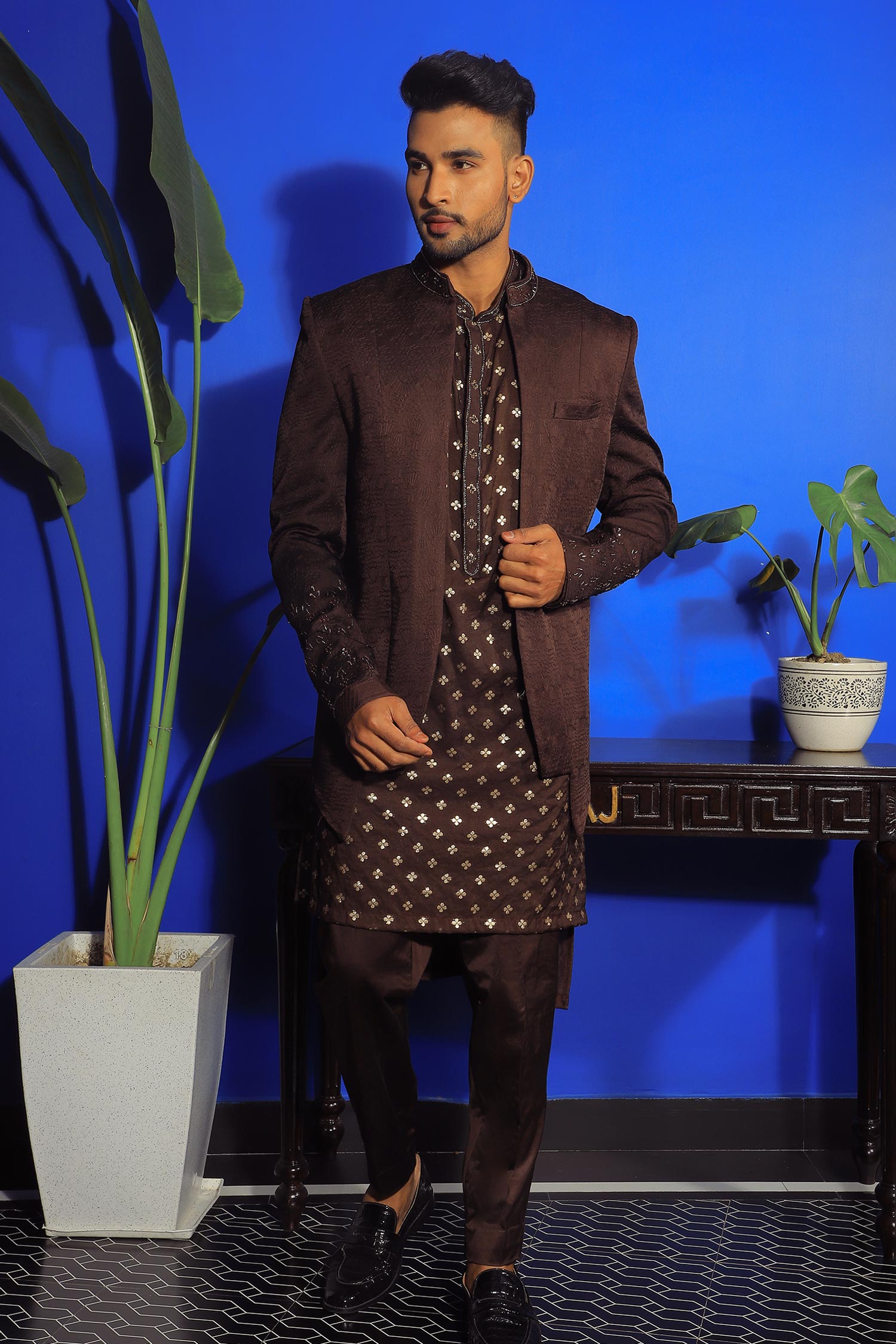 Buy YAJY by Aditya Jain Brown Silk Floral Embroidered Jacket Kurta Set