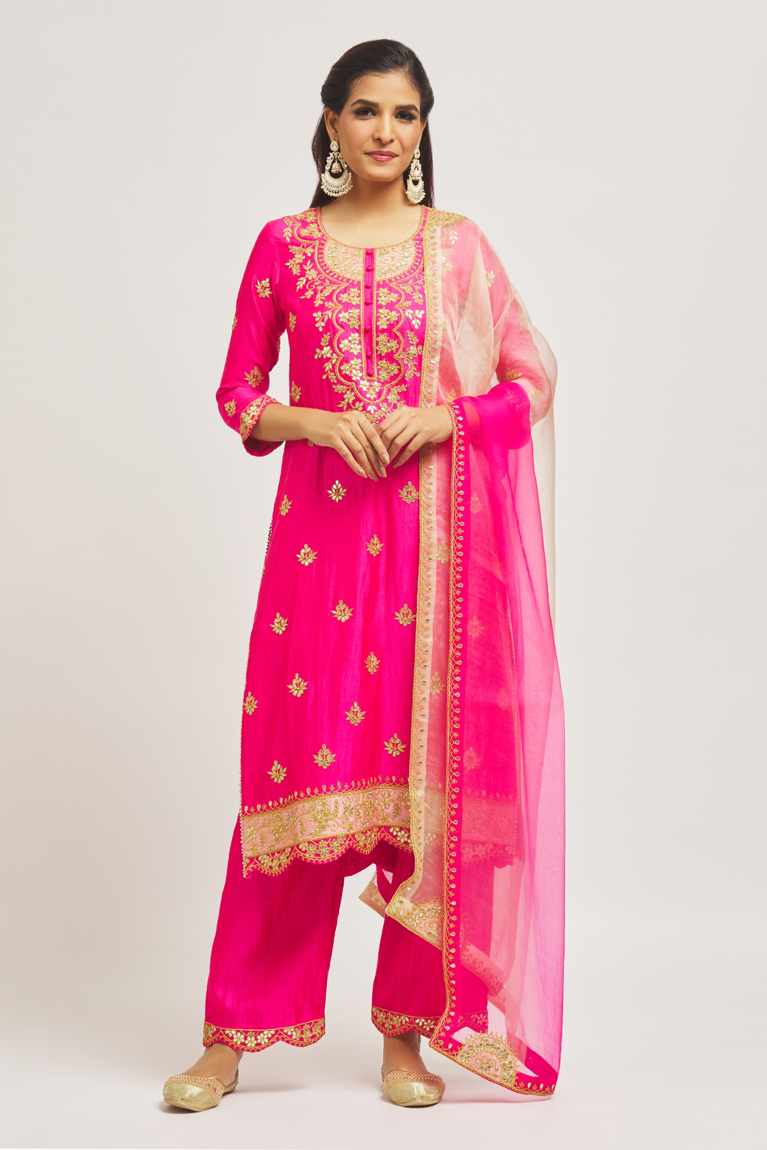 Buy Pink Pure Spun Silk Hand Embroidered Marori Patchwork Kurta Pant Set For Women By Surbhi