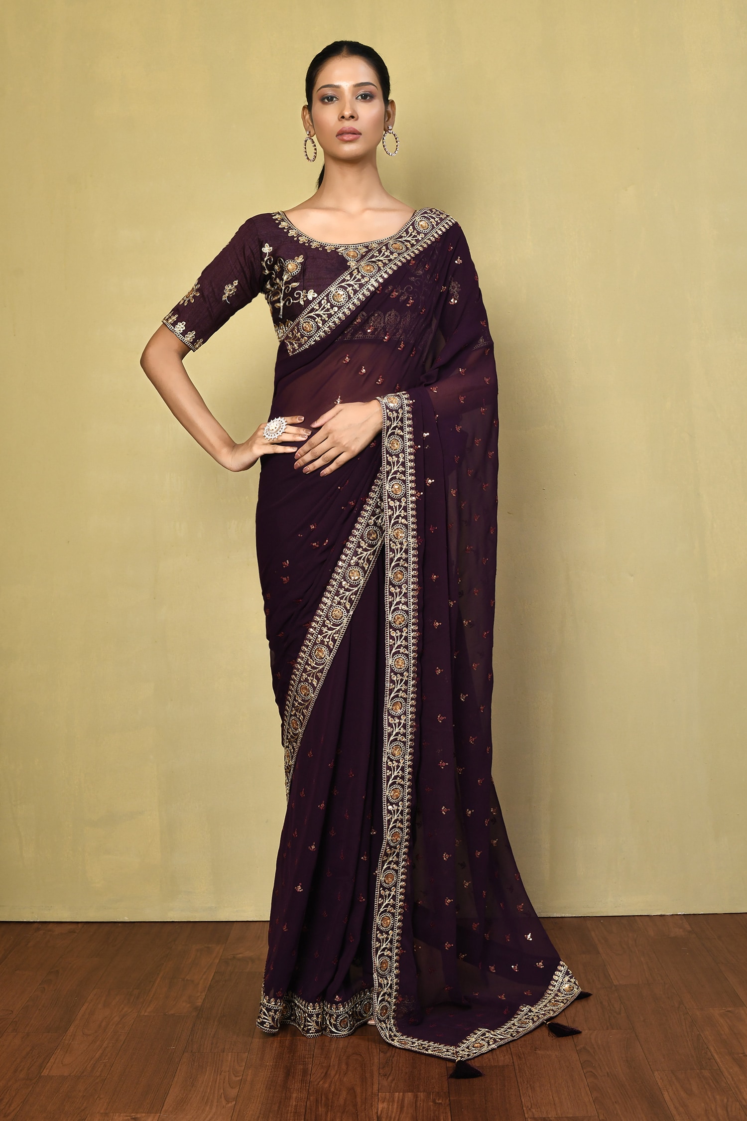 Buy Wine Saree Georgette Embroidered Floral Sequin With Running Blouse ...