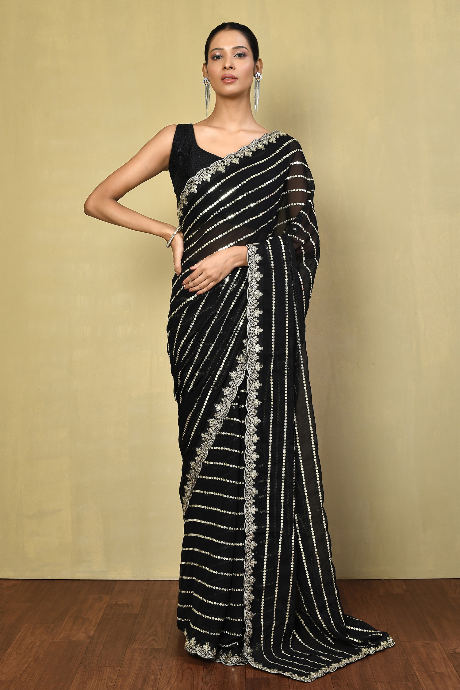 Buy Black Saree Georgette Embroidery Sequin Stripe With Running Blouse ...