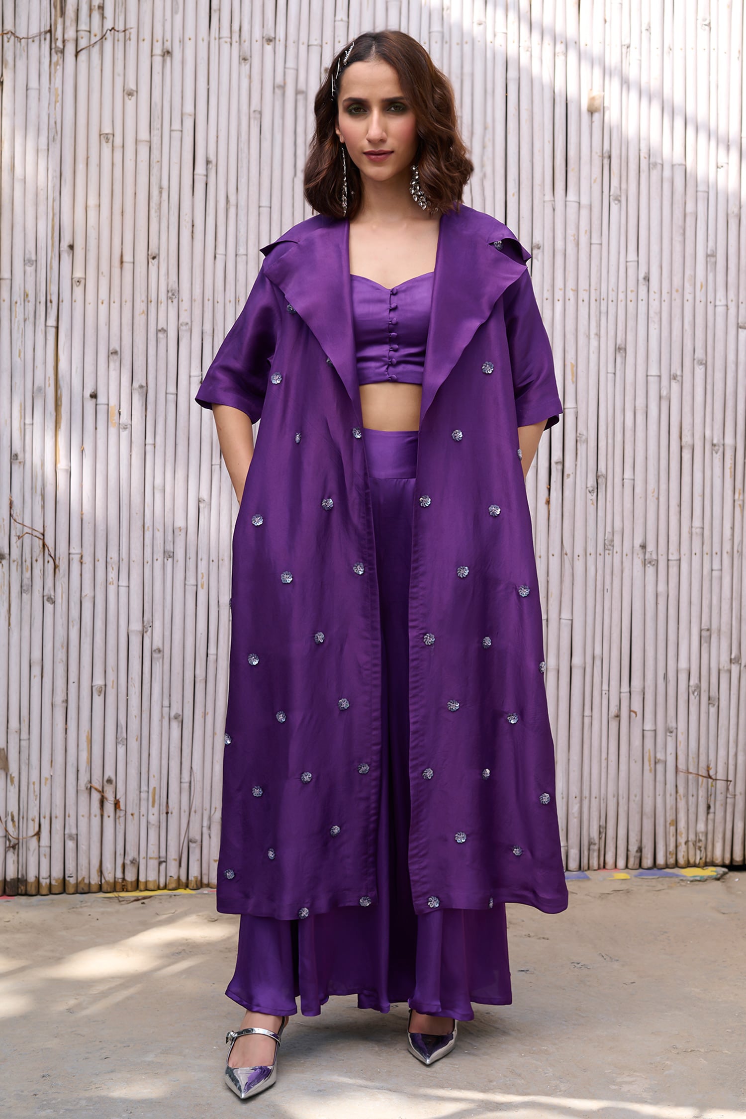 Buy Purple Viscose Satin Hand Embroidered Sequins Ziya Overlay With Trouser Set For Women By