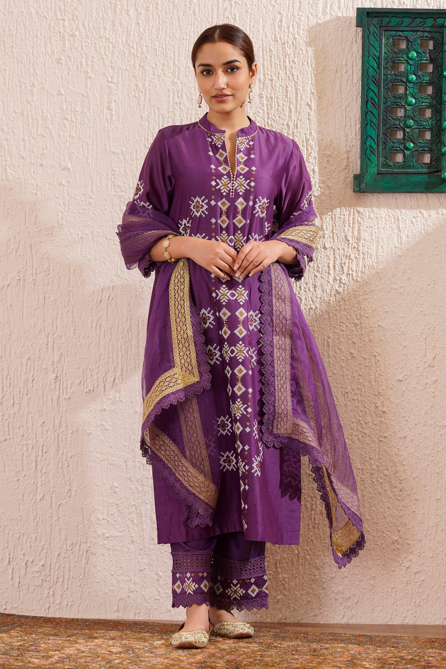 Buy OMI Purple Chanderi Floral Block Print A-line Kurta Pant Set Online ...