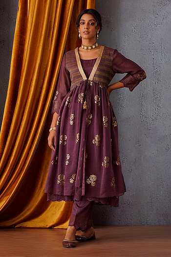 Buy OMI Wine Chanderi Embroidered Jacket Pant Set Online | Aza Fashions