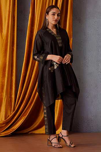 Mustard chanderi asymetrical tunic with chanderi pants