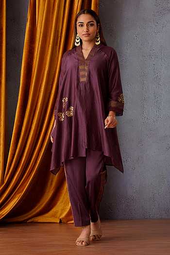 Buy Wine Chanderi Embroidered Sequin V Neck Floral Placement Tunic Pant ...