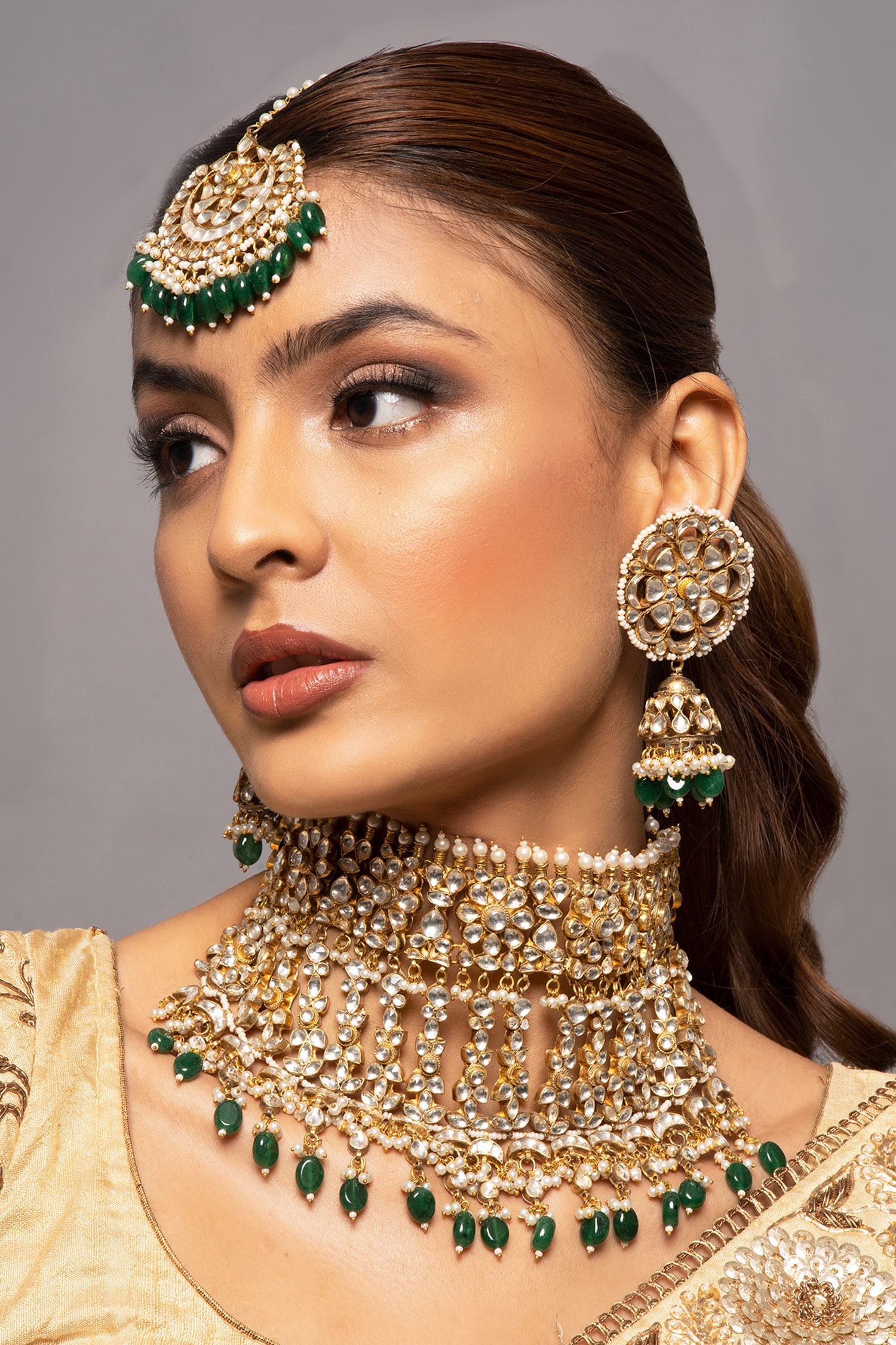 Buy Green Kundan Embellished Bridal Jewellery Set by Queens Jewels Online  at Aza Fashions.