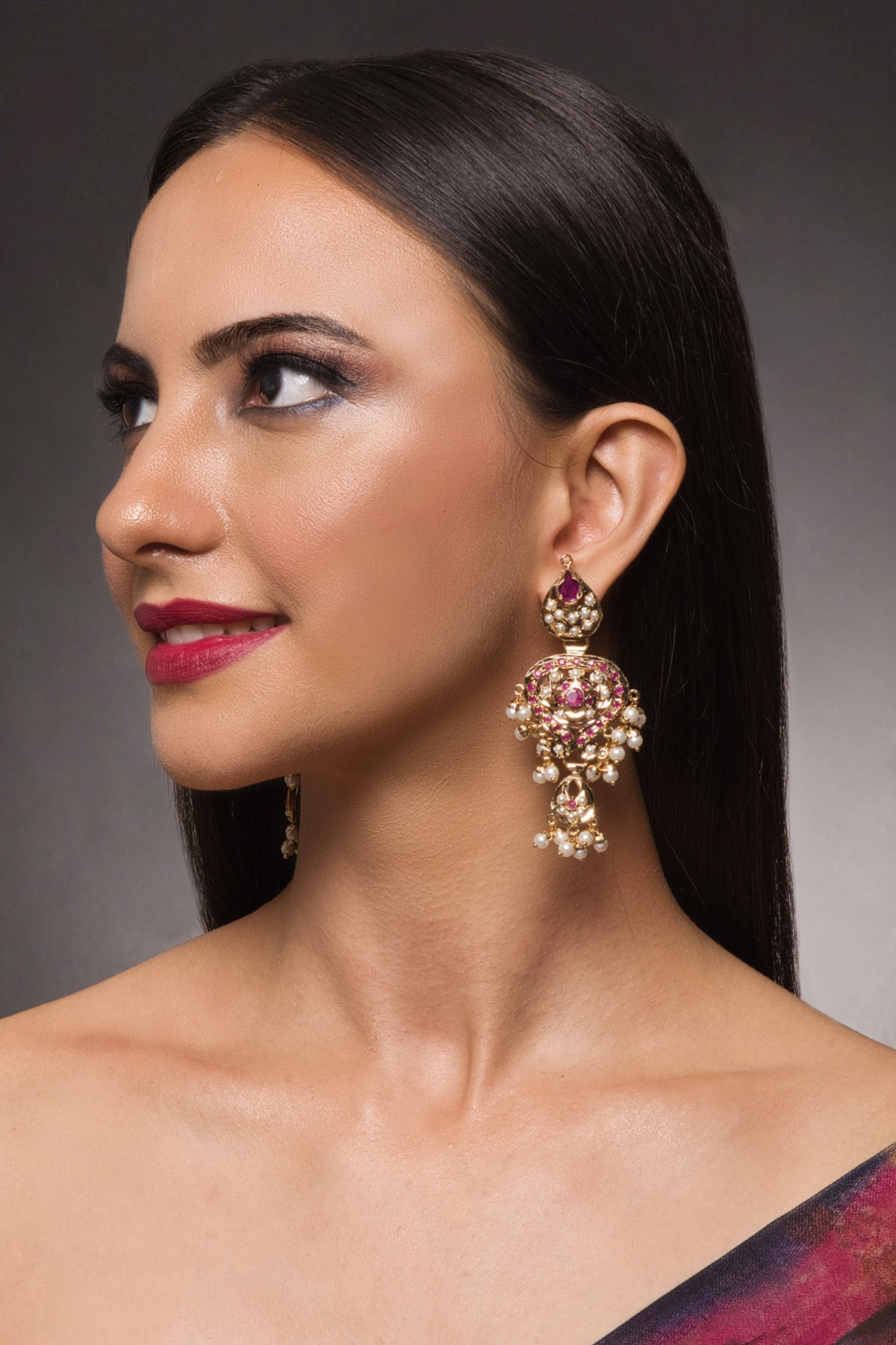 Kundan Stylish Earring Gold Plated Chandelier Red Beads Ethnic Wear Dangler  For Women