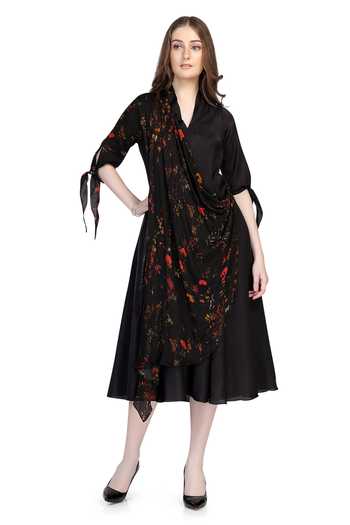Buy Black Organza, Satin V-neck Bloom Print Cowl Draped Midi Dress For  Women by Whimsical By Shica Online at Aza Fashions.