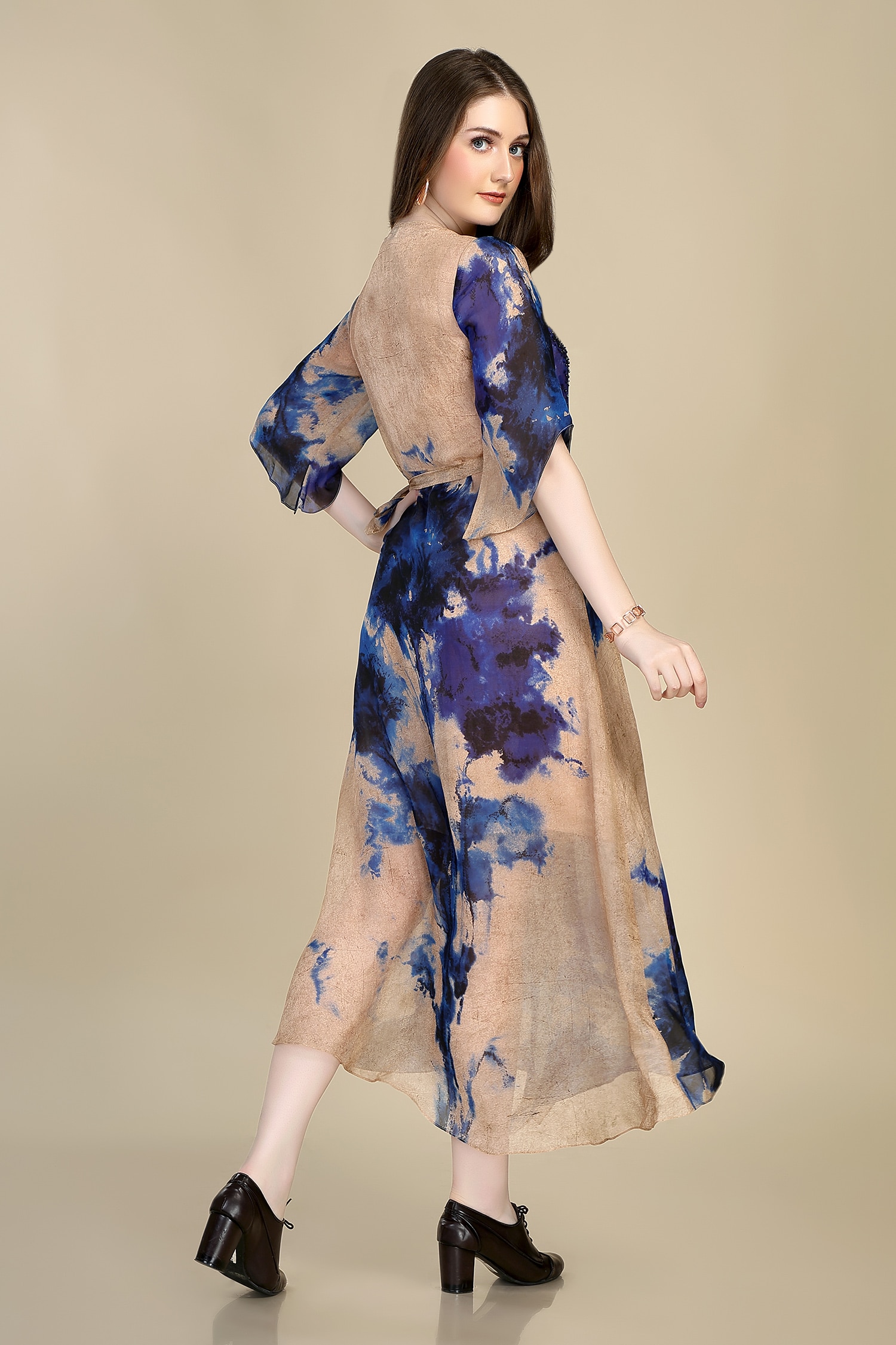 Buy Peach Organza Print Water Lily V Neck Wrap Dress For Women by