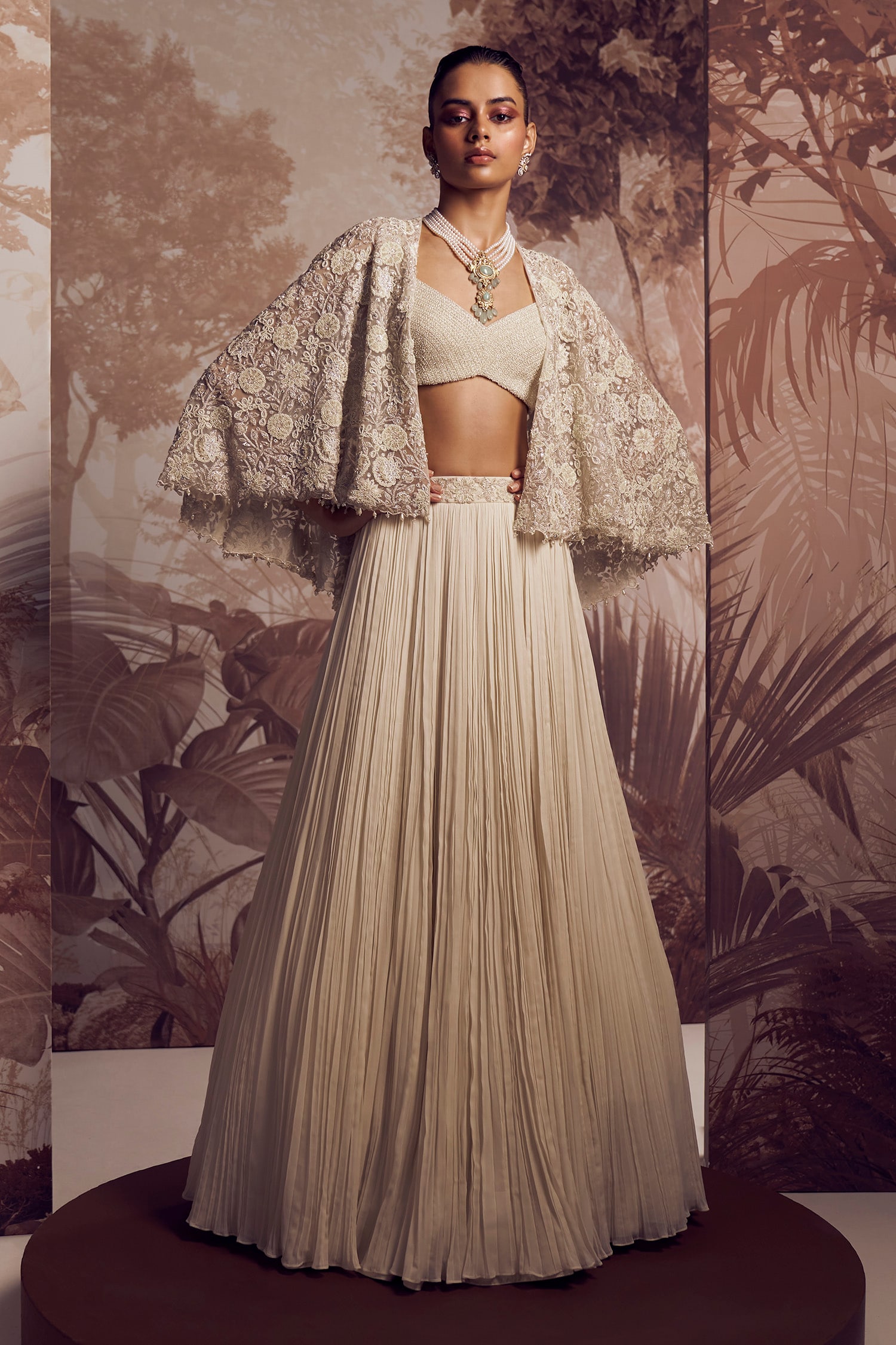 Buy Ivory Cape And Blouse Net Esther Pearl Embellished Pleated Skirt ...