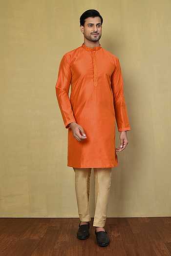 Buy Arihant Rai Sinha Orange Cotton Straight Embroidered Collar Kurta ...