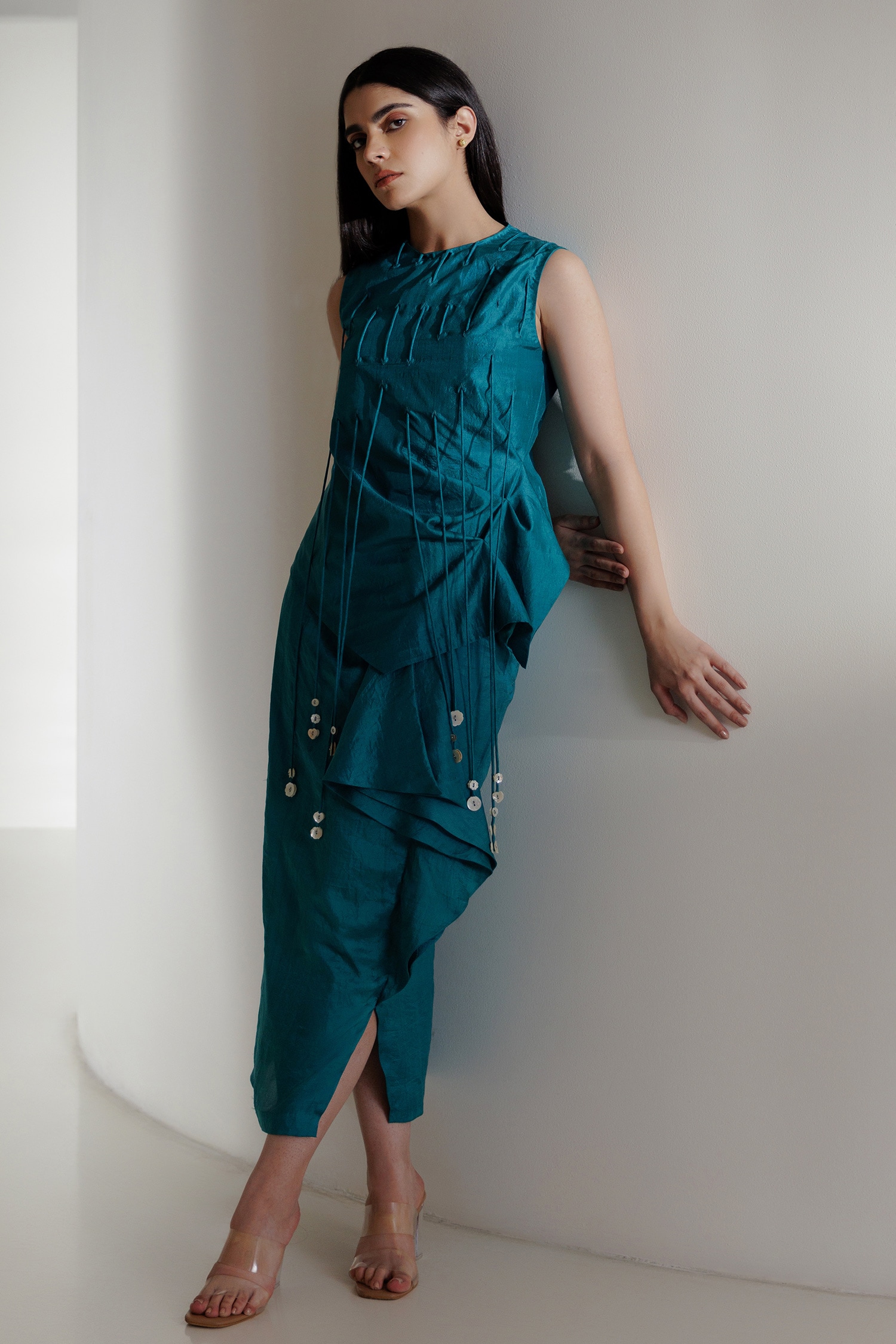 Buy Kavya Singh Kundu Blue Vega Handwoven Mulberry Silk Top With Skirt ...