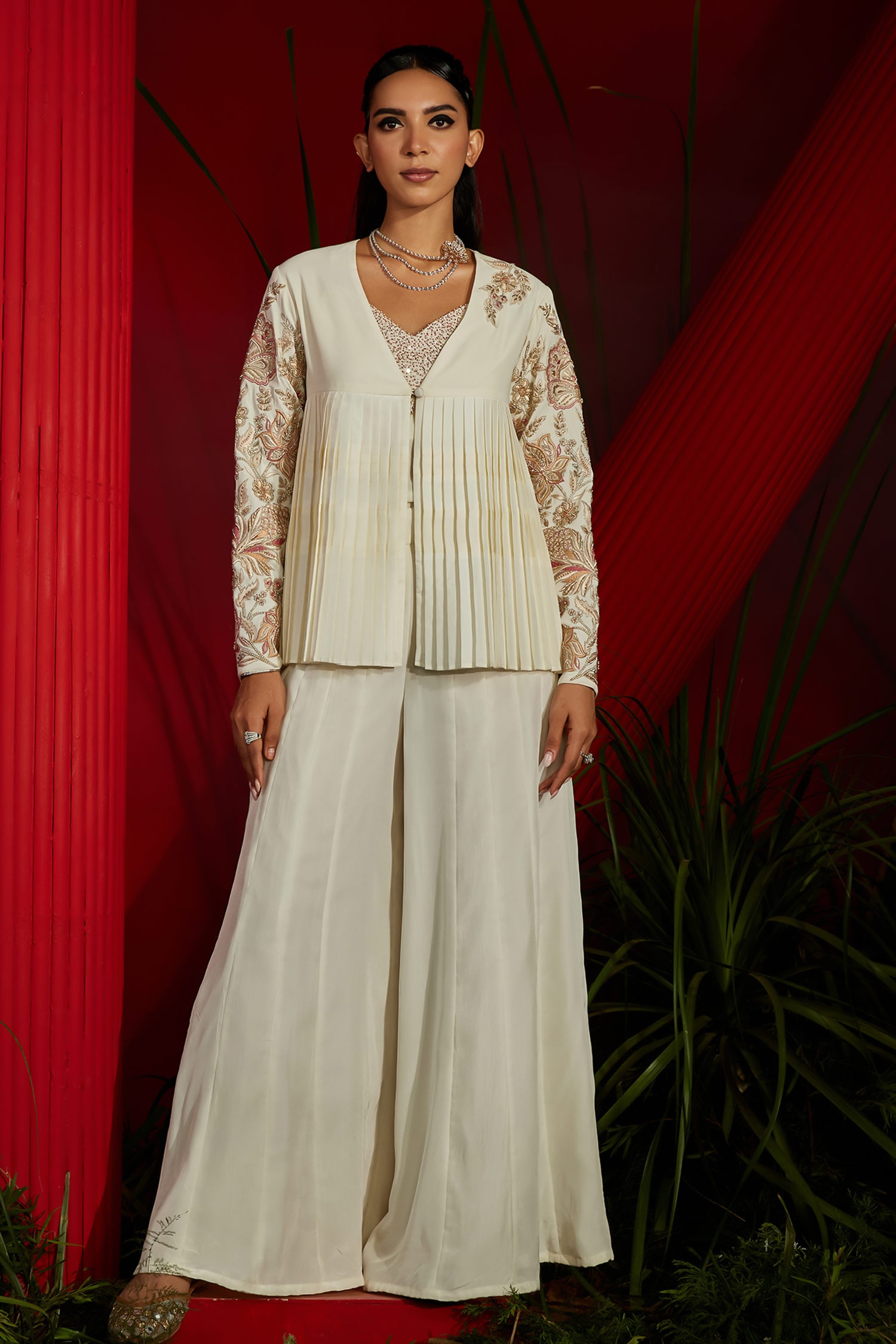 Buy Ivory Habutai Silk Embroidered Pearl Pleated Jacket Sharara Set For