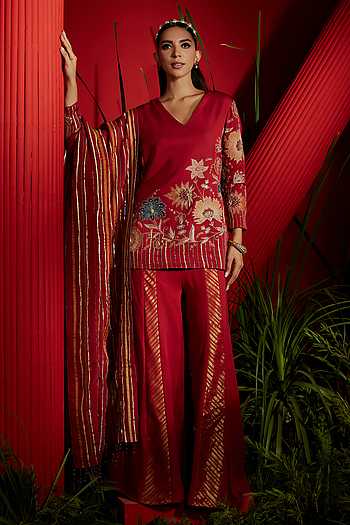 Fuchsia Floral Printed Georgette Kurta Sharara & Dupatta Set With Sequins