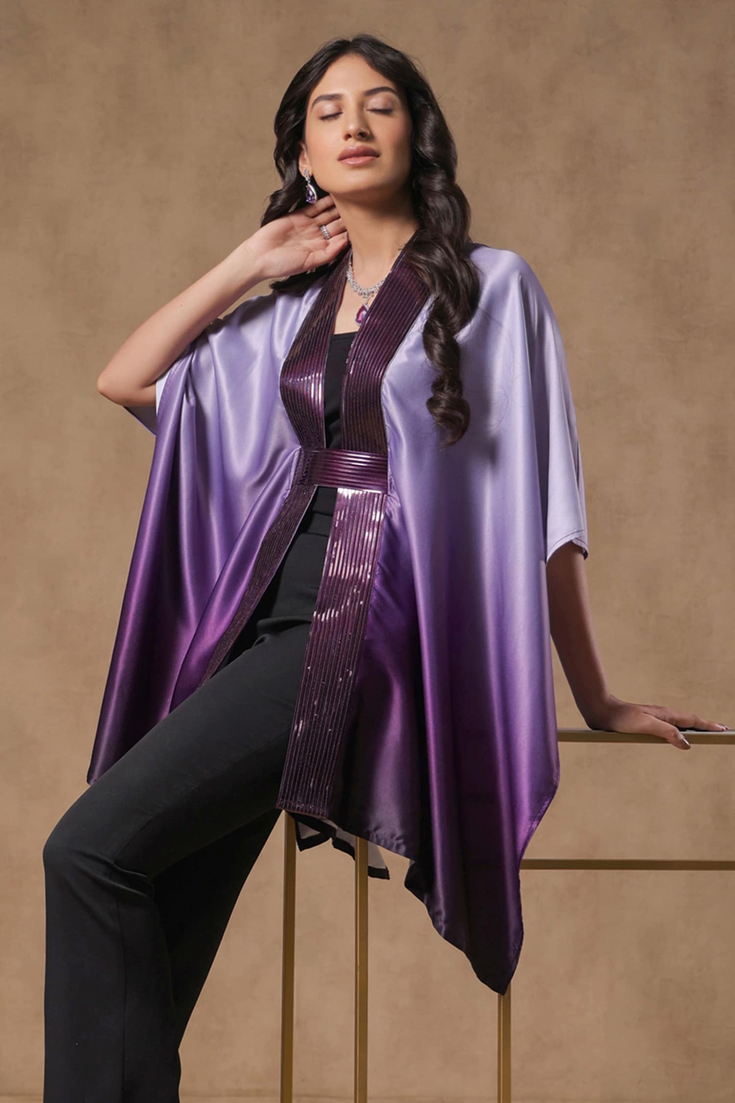 Buy Purple Satin Embellished Twilight Bodice Cape With Belt For
