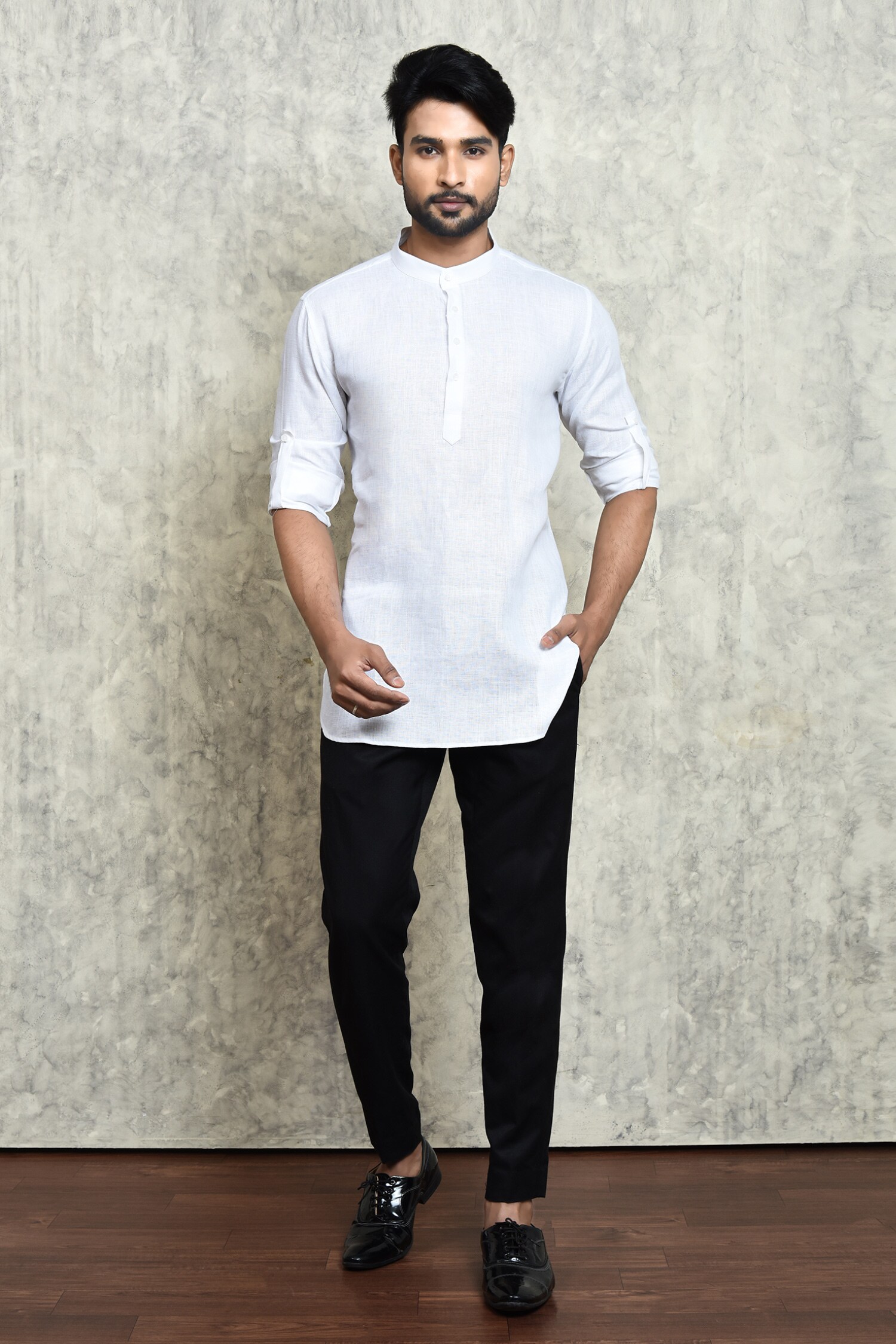 Buy Pink Linen Plain Yarn Dyed Short Kurta For Men by Arihant Rai Sinha