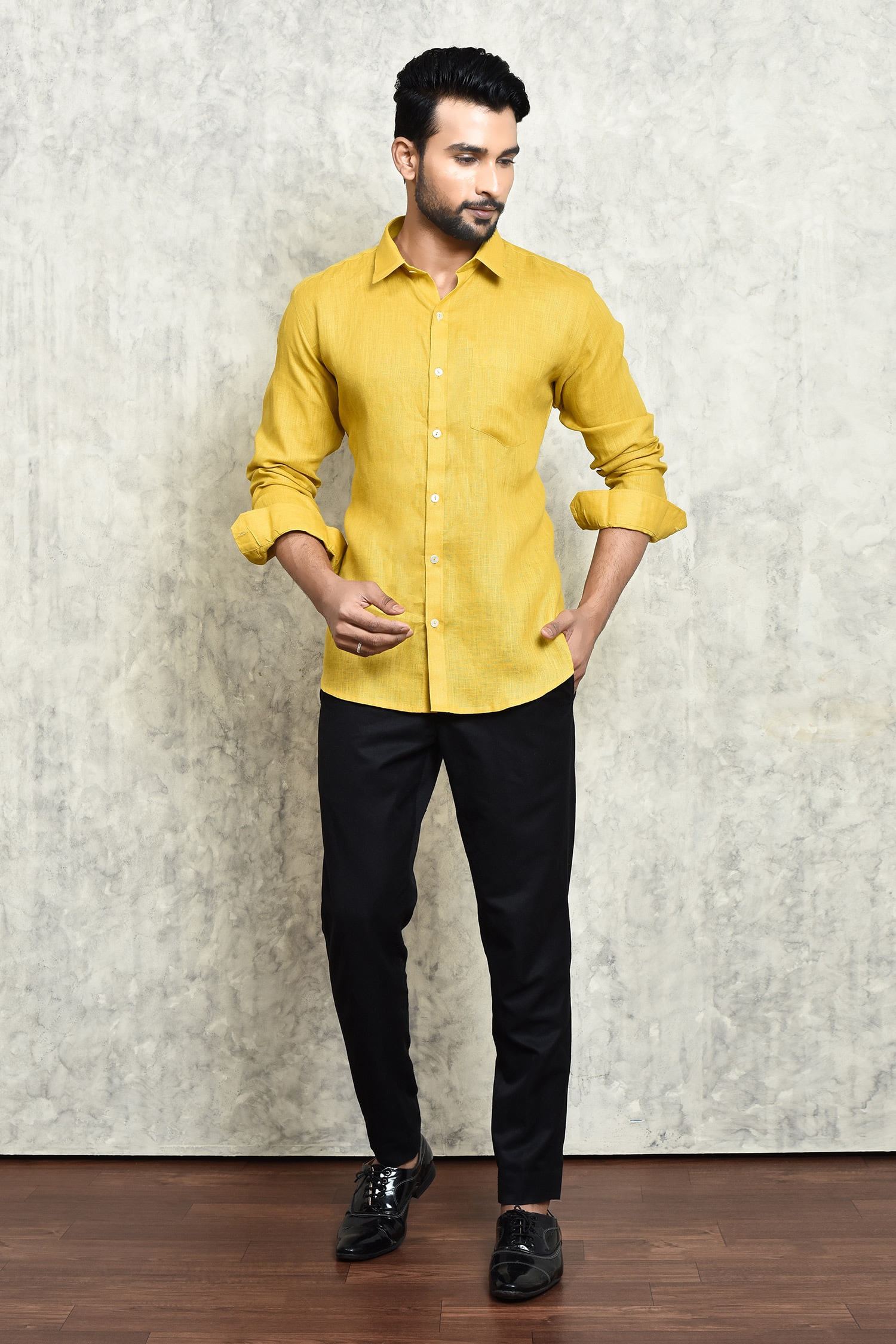 Buy Yellow Linen Yarn Dyed Plain Shirt For Men by Arihant Rai Sinha