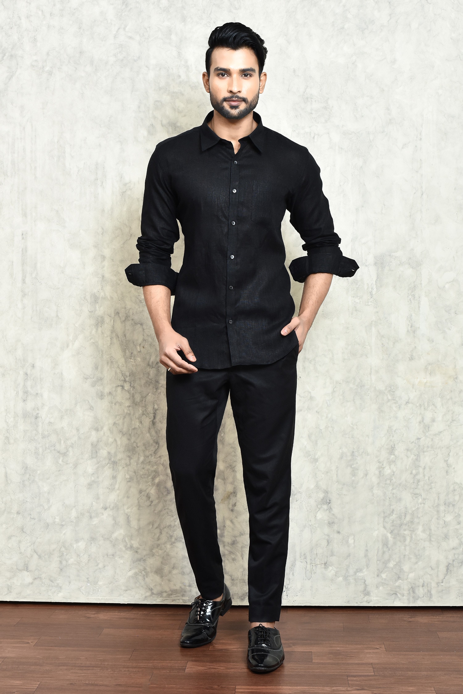 Buy Black Linen Yarn Dyed Solid Button Down Shirt For Men by Arihant