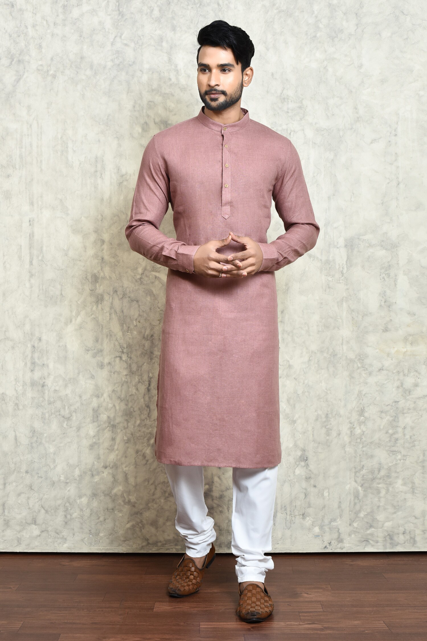 Buy Pink Linen Yarn Dyed Long Kurta For Men by Arihant Rai Sinha Online