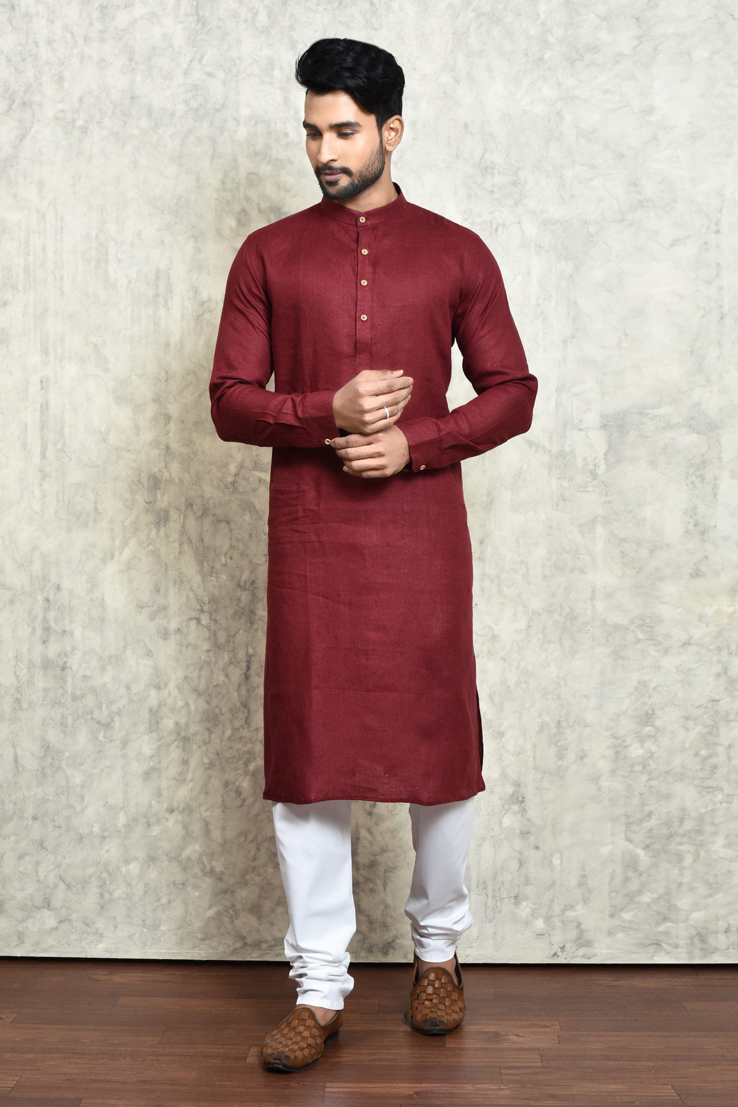 Buy Maroon Linen Yarn Dyed Long Kurta For Men by Arihant Rai Sinha