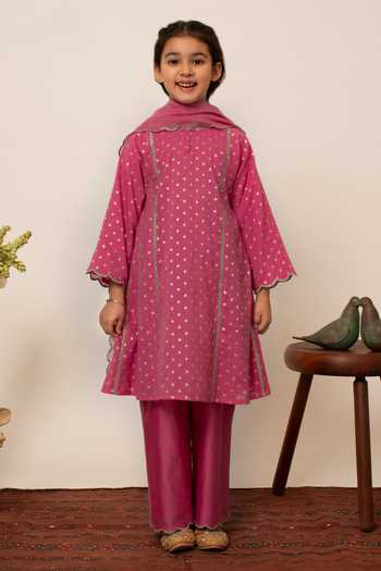 Babyhug Half Sleeves Chanderi Butti Kurti With Salwar & Net Dupatta- Ivory & Red main image 1