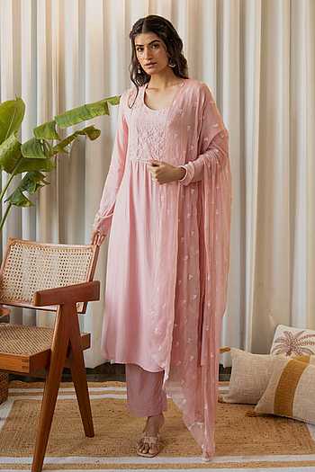 Women's Purple Muslin Embroidered Straight Kurta Pant With Dupatta
