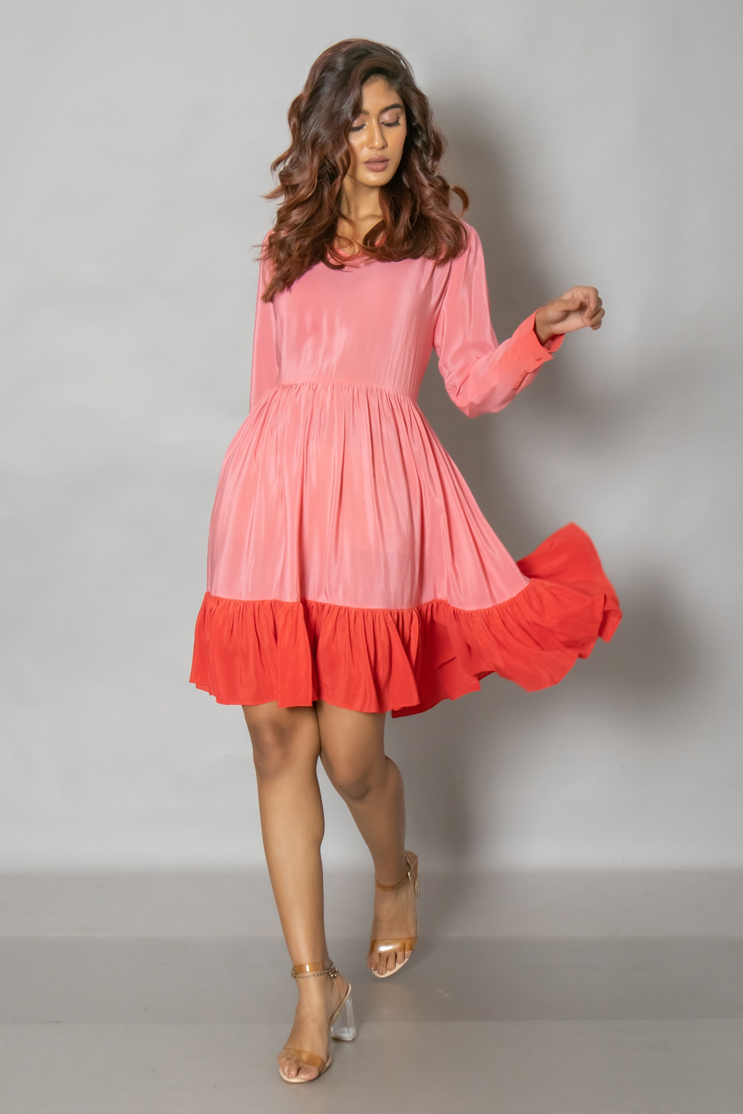 Buy Pink Crepe Solid Round Short Dress For Women by Pinki Sinha