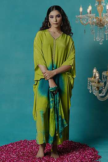 (Kajol) Tie Dye Green Drape Sari Kurta Set