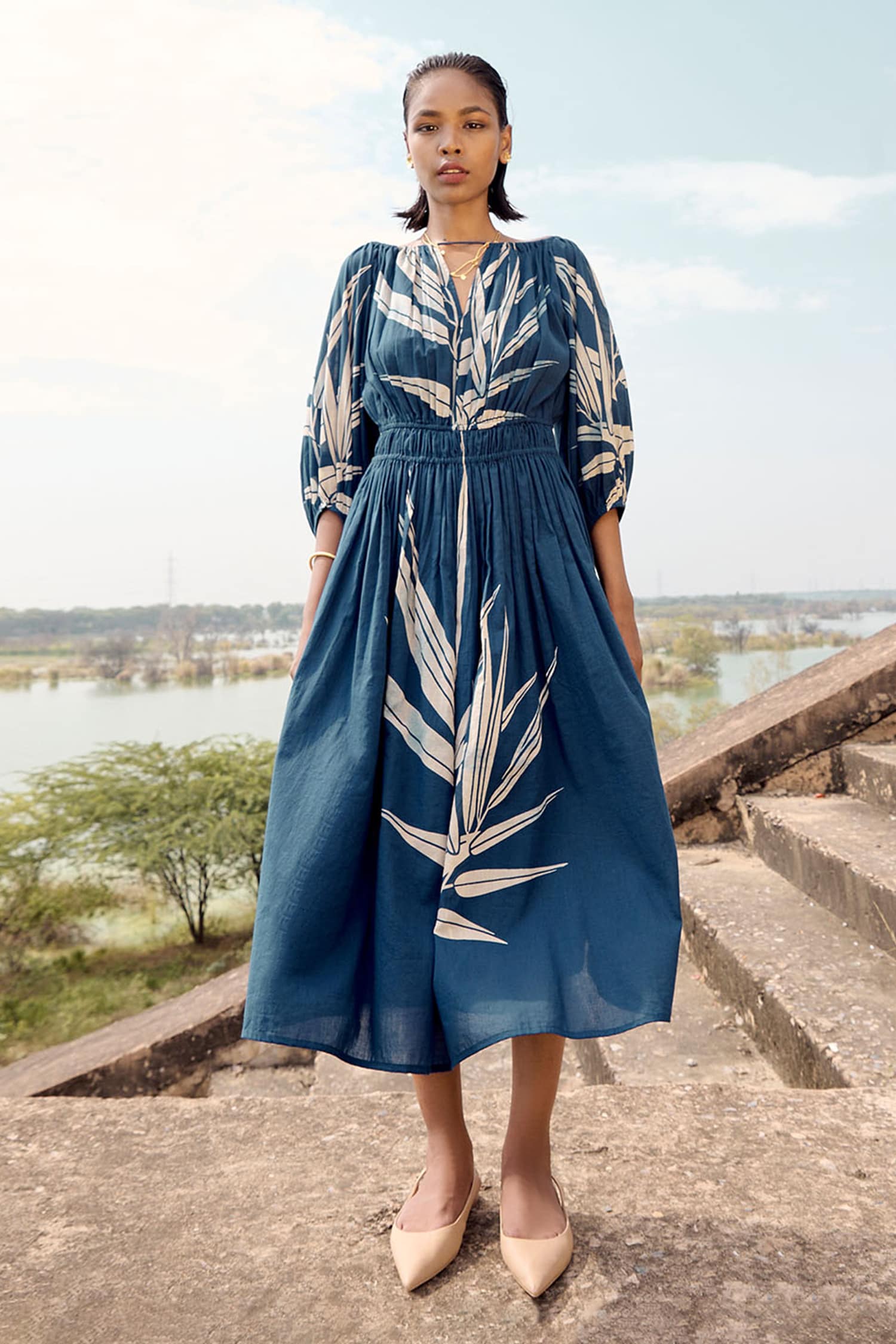 Buy Kharakapas Blue Mul Cotton Nightingale Lino Print Dress Online ...