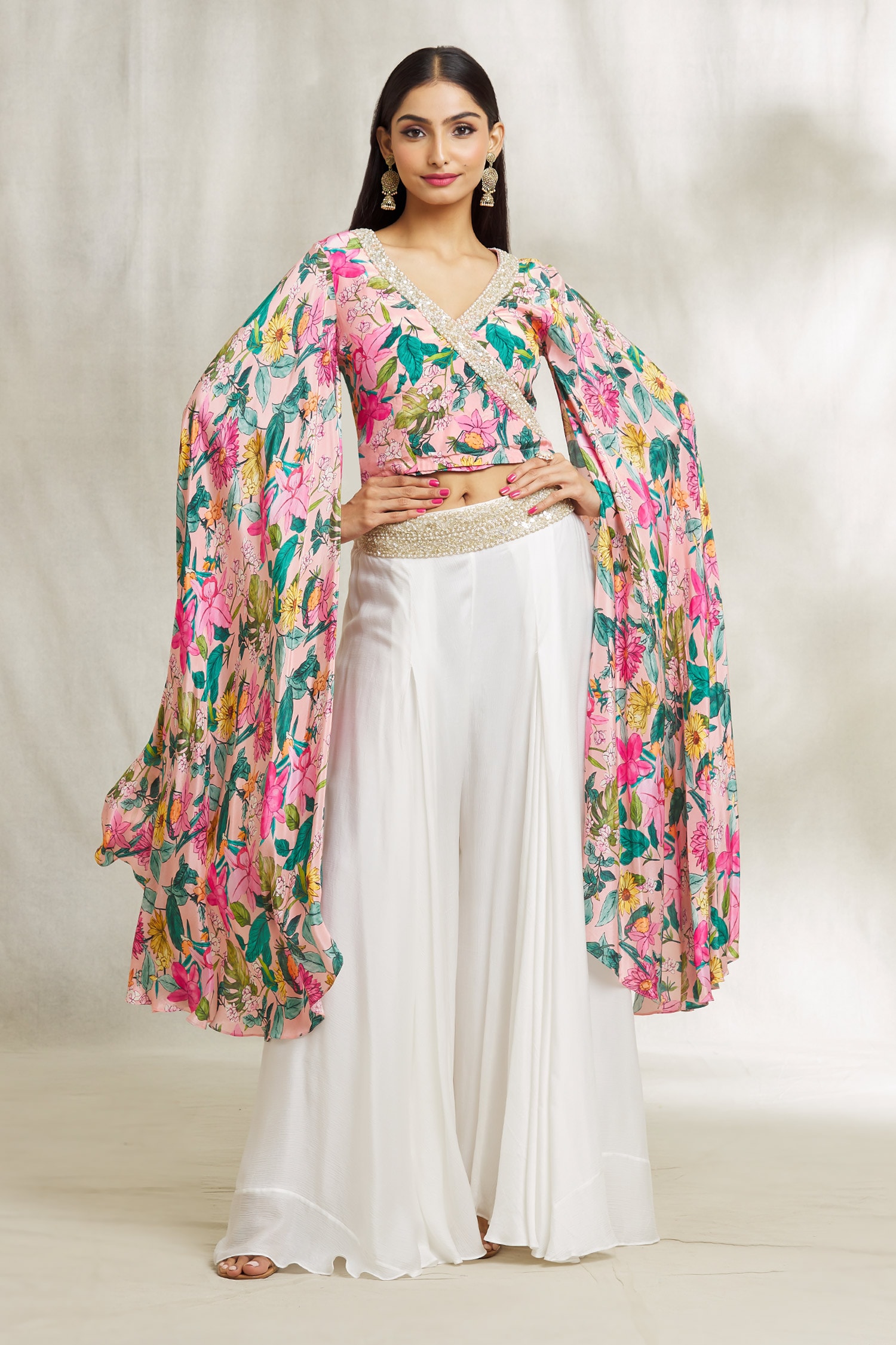 Buy Divya Kanakia Pink Floral Print Top And Sharara Set Online | Aza ...