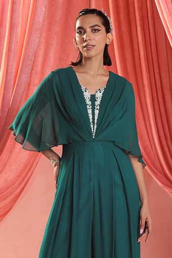 Buy Green Georgette, Satin Embroidery Square Neck Maya Pleated
