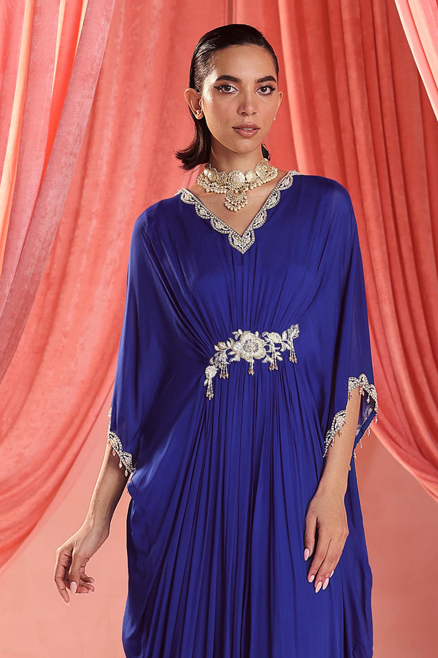 Buy Blue Chiffon Embroidery Sequins V Neck Lila Embellished Draped Kaftan  For Women by Seema Thukral Online at Aza Fashions.