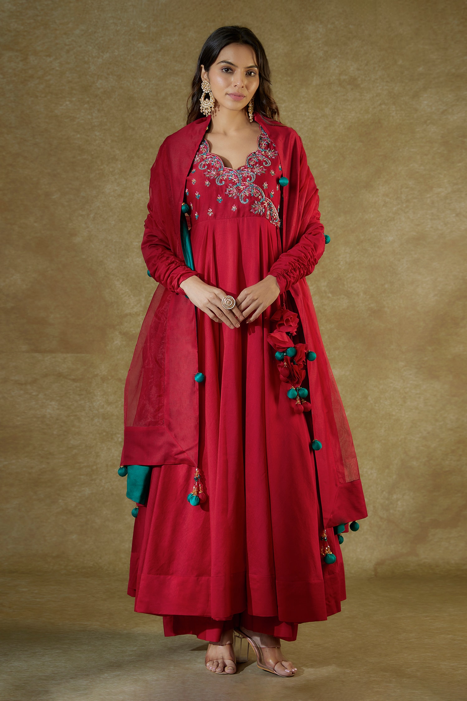 Buy Red Pure Handwoven Chanderi Hand Embroidered Anarkali Palazzo Set