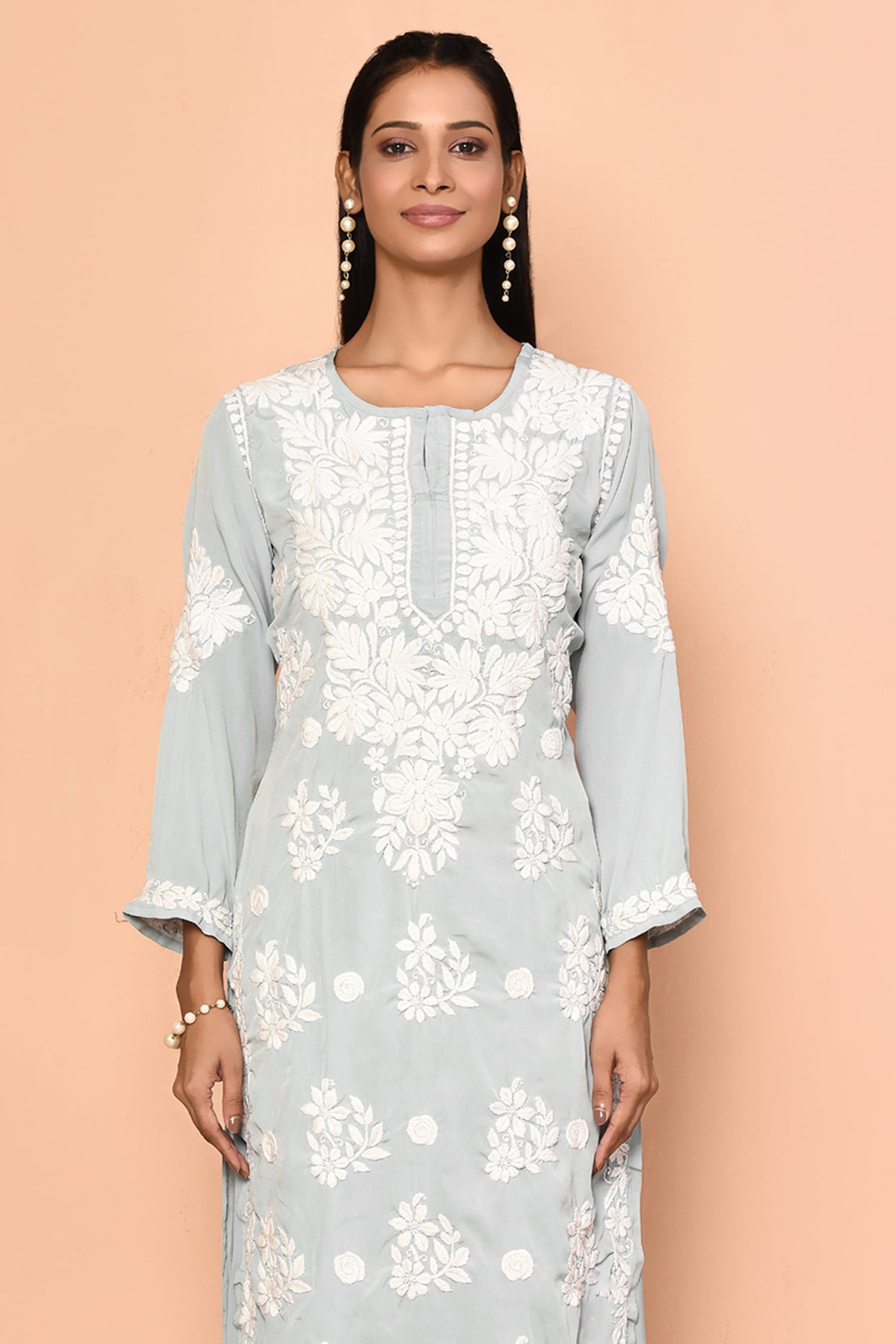 Adara Khan - Blue Muslin Embroidery Bloom Round Shaded Chikankari Kurta For  Women