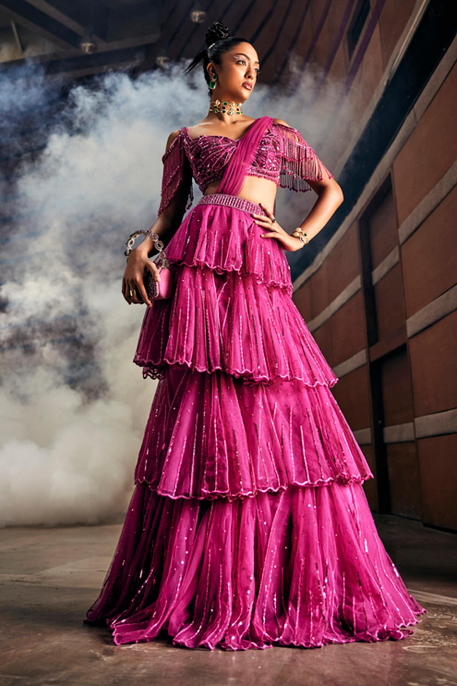 Buy Pink Net Hand Embellished The Sea Shell Blouse And Layered Lehenga ...