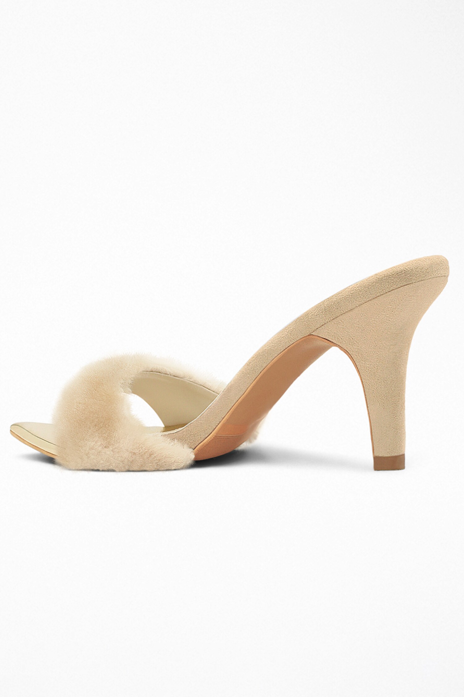 Signature Sole Beige Embellished Faux Fur Strap Pencil Heels