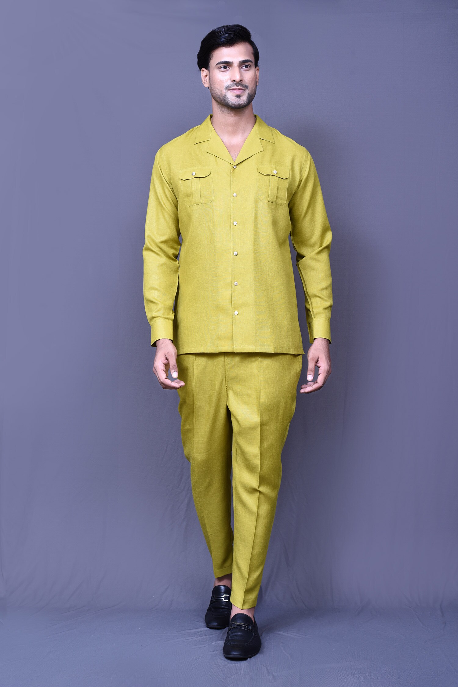 Buy Green Cotton Slub Plain Shirt And Straight Pant Coord Set For Men