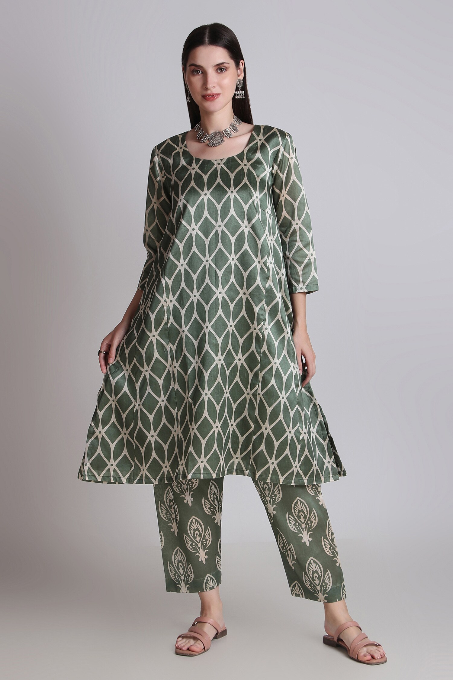 Buy Tashee Green Chanderi Kali Kurta With Pant Online Aza Fashions