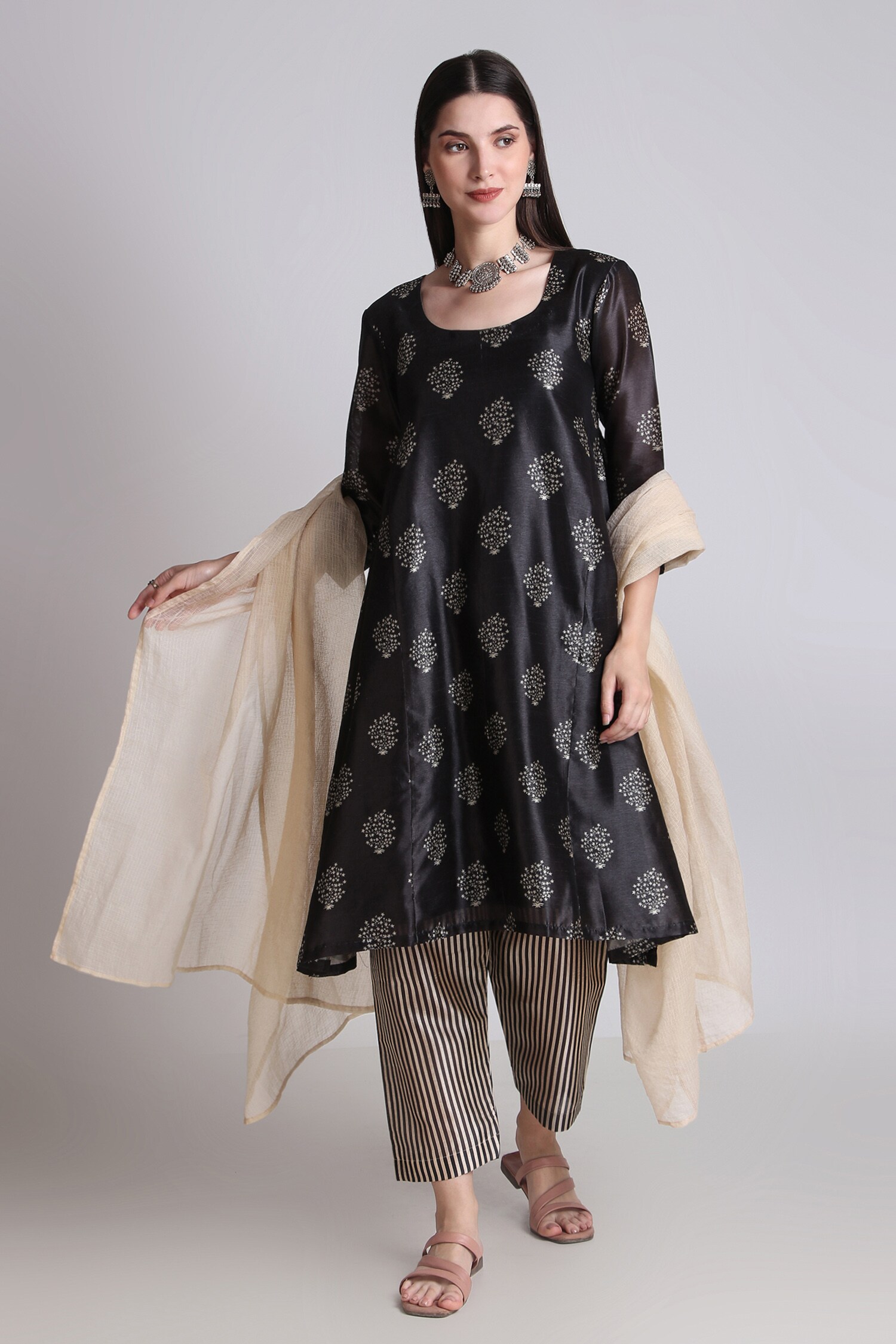 Buy Tashee Black Chanderi Floral Print Kali Kurta Pant Set Online Aza