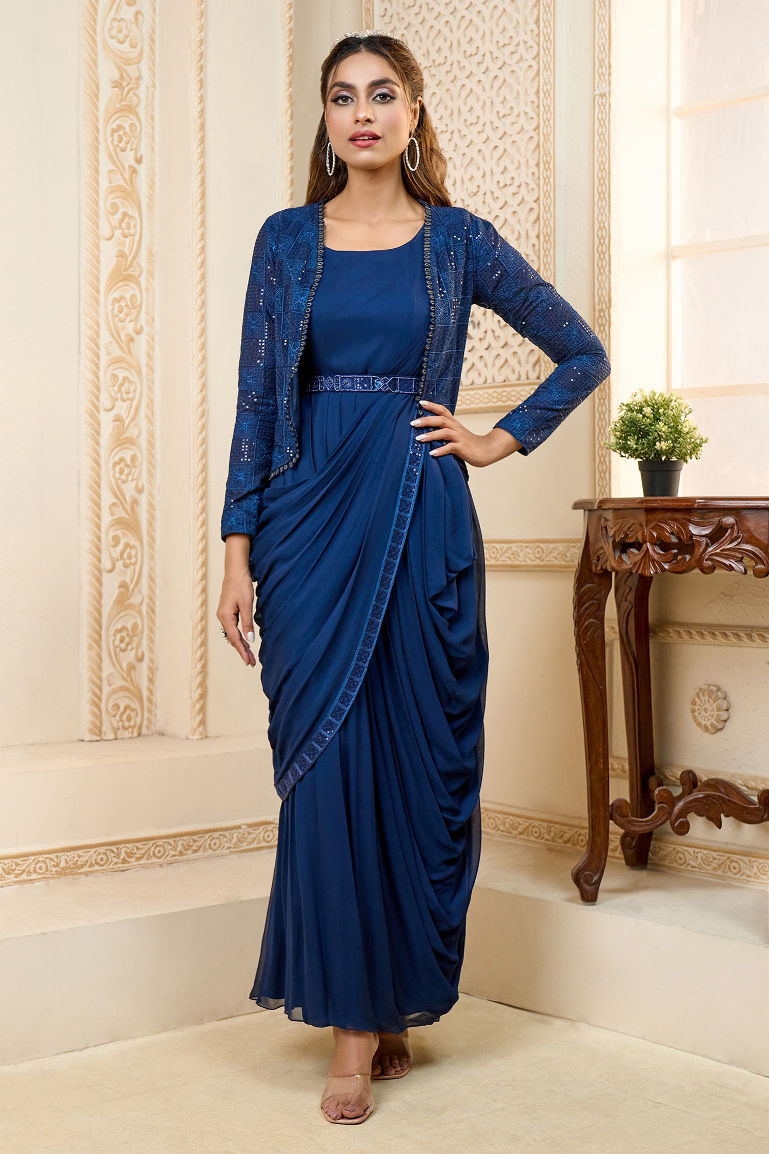 Pastel blue wrapped saree gown – Ricco India