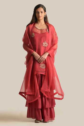 Bridal Red Organza Dupatta with Heavy Gold Zari and Sequin Work