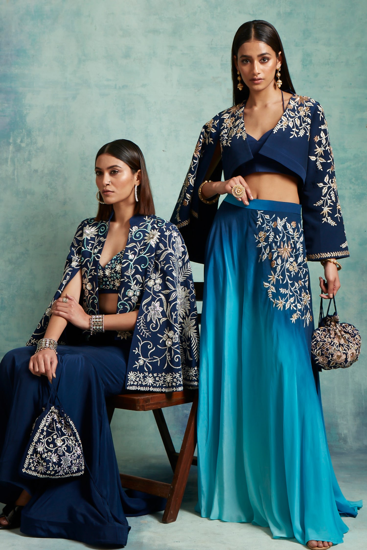 Buy Vedika Soni Blue Crepe Embroidered Jacket Fish Cut Skirt Set